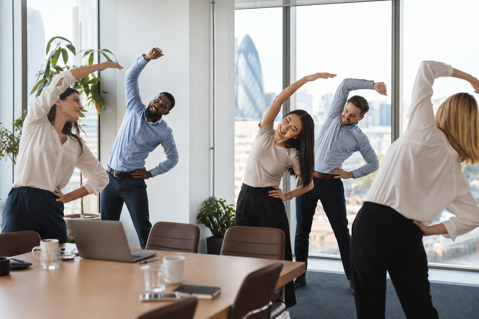 Tendoneoeco team stretch session in a London office
